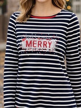 Joules Harbour Luxe Stripe Sequin “Merry” Cotton Long Sleeve Holiday Top Small